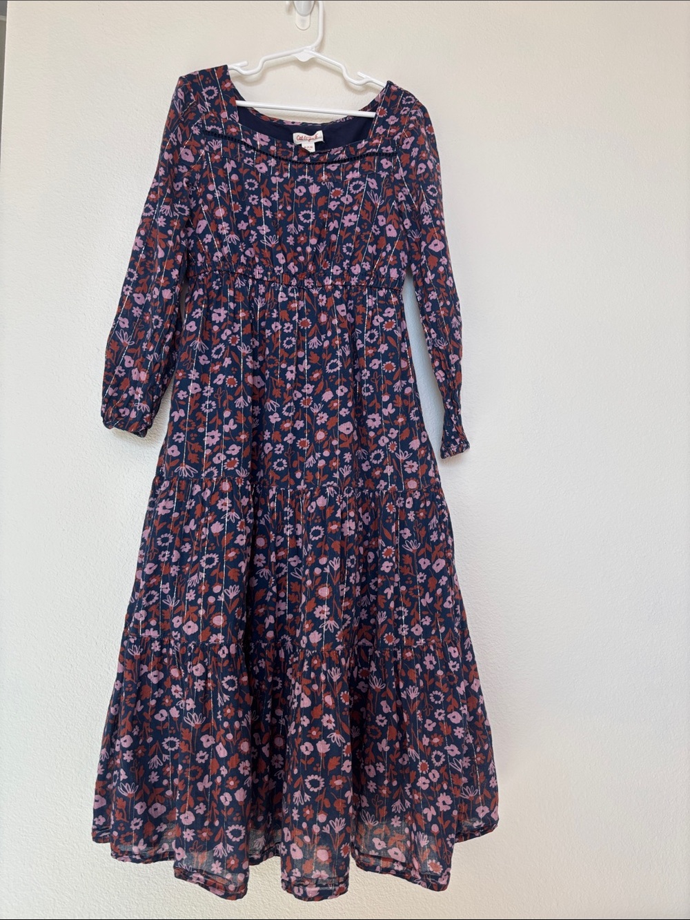 Fall Cat & Jack Navy Long Floral Tiered Dress with Pink Flowers